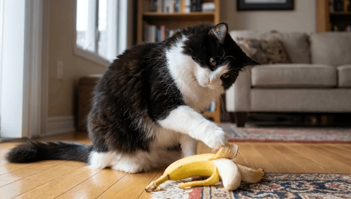 Cat looking at a banana