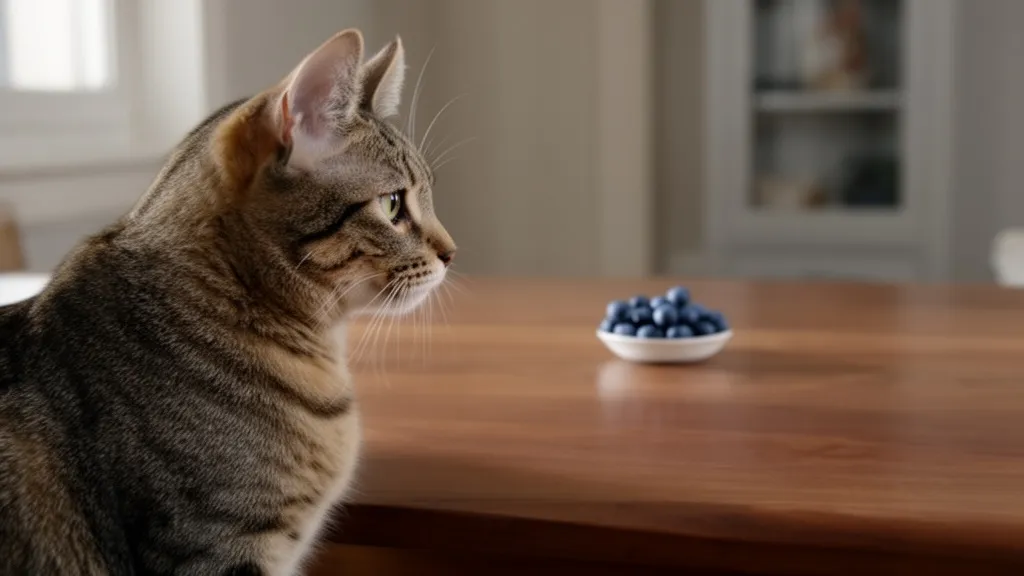 Cat looking at blueberries