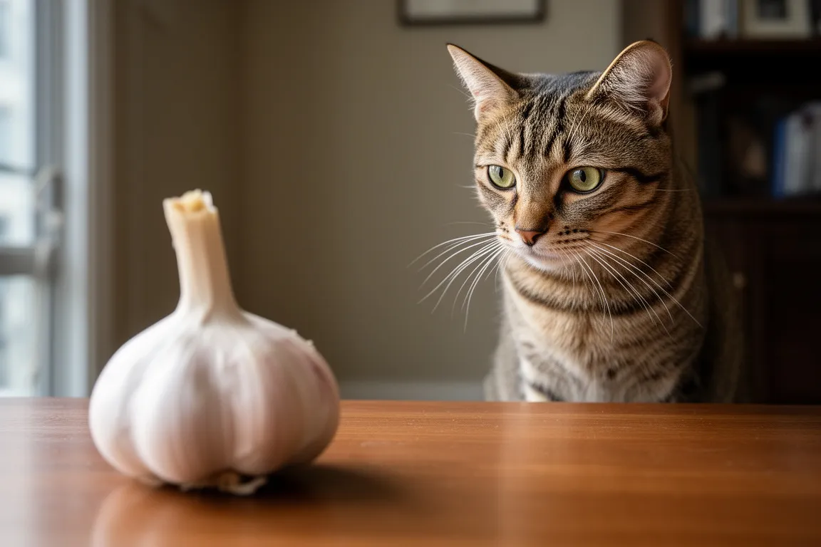Cat looking at garlic