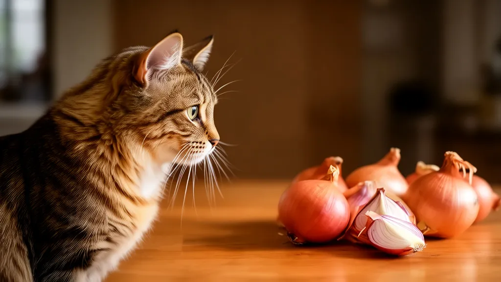 Cat looking at onions