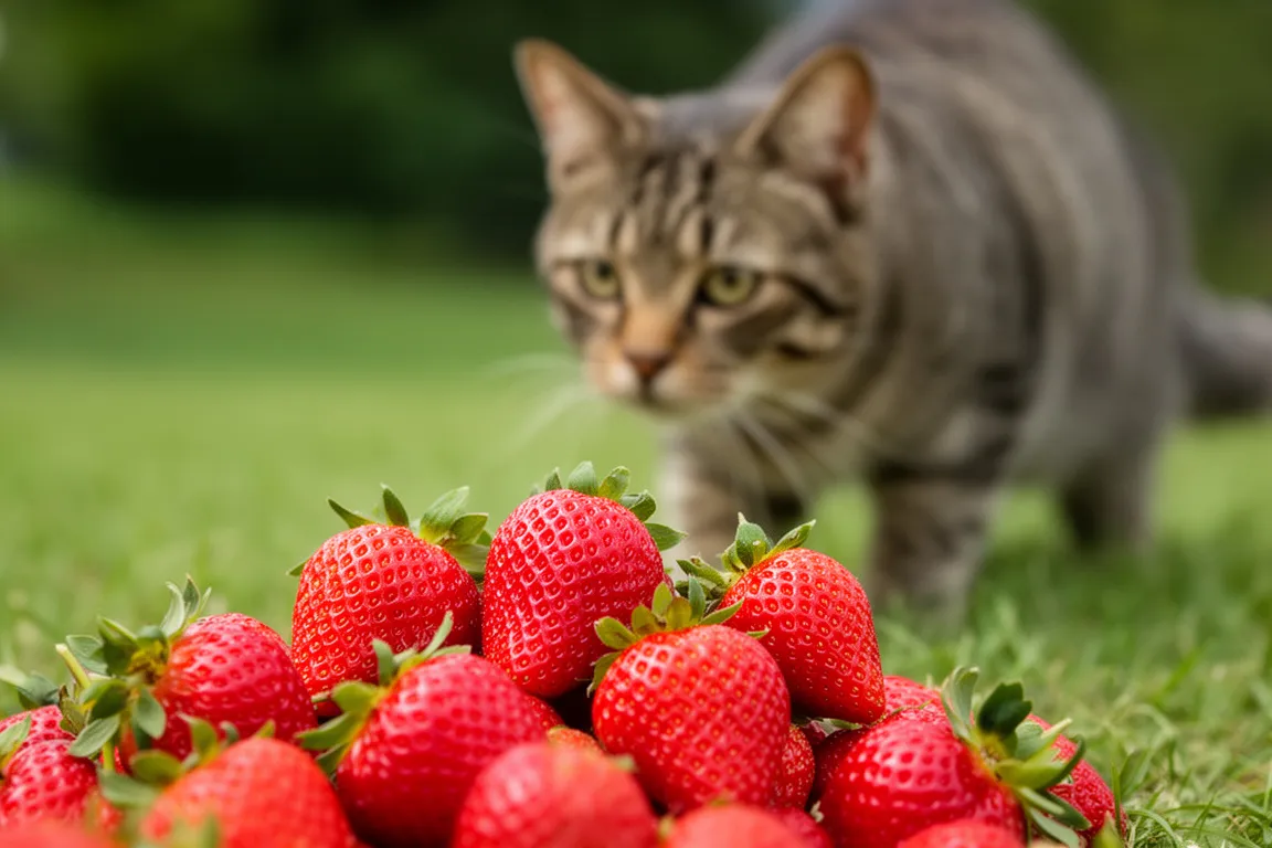 Cat looking at strawberries