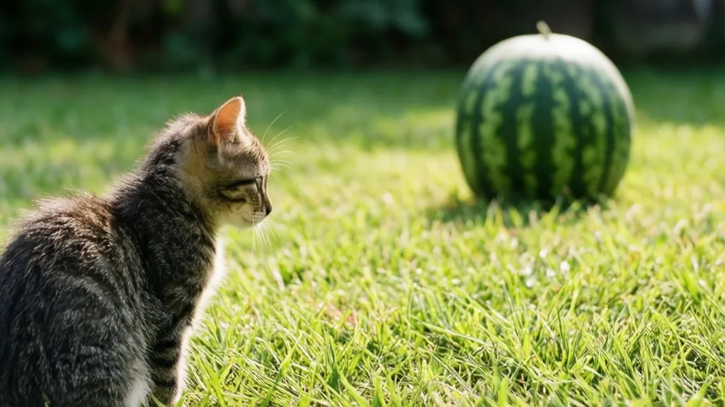 Cat looking at watermelon