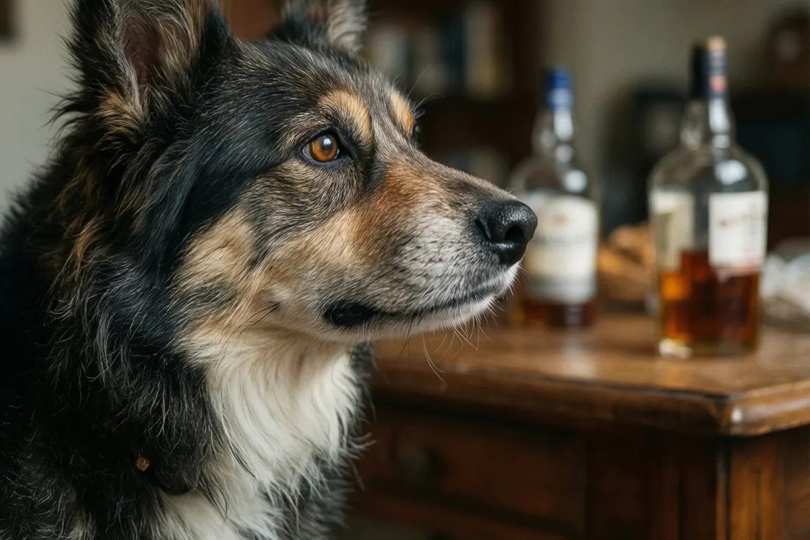 Dog looking at alcohol