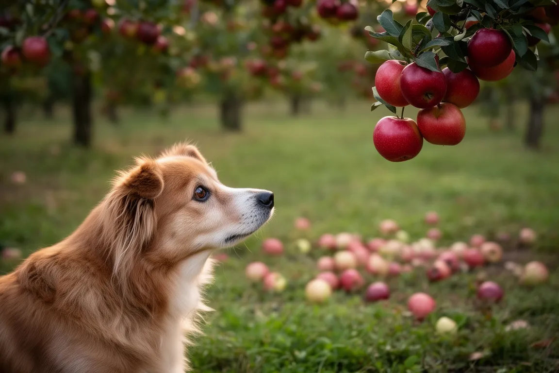Dog looking at apples
