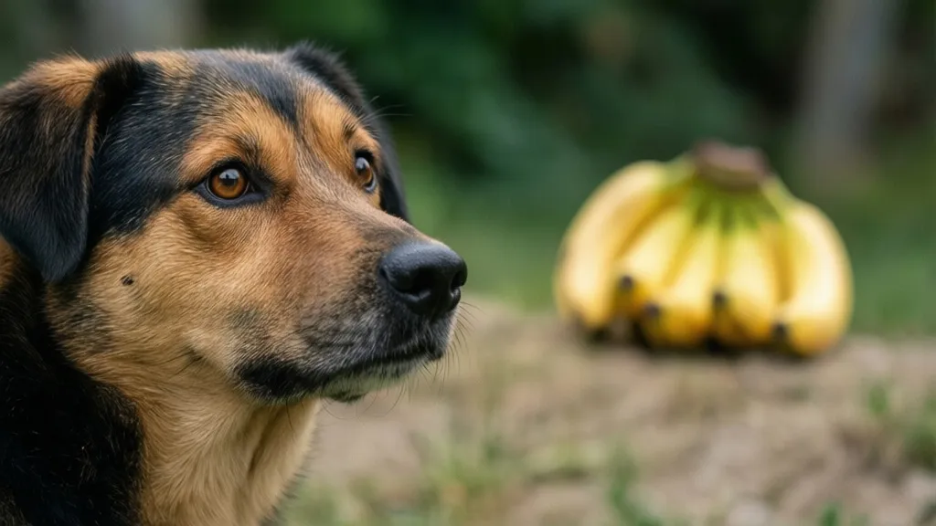 Dog looking at bananas