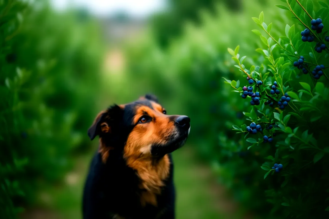 Dog looking at blueberries