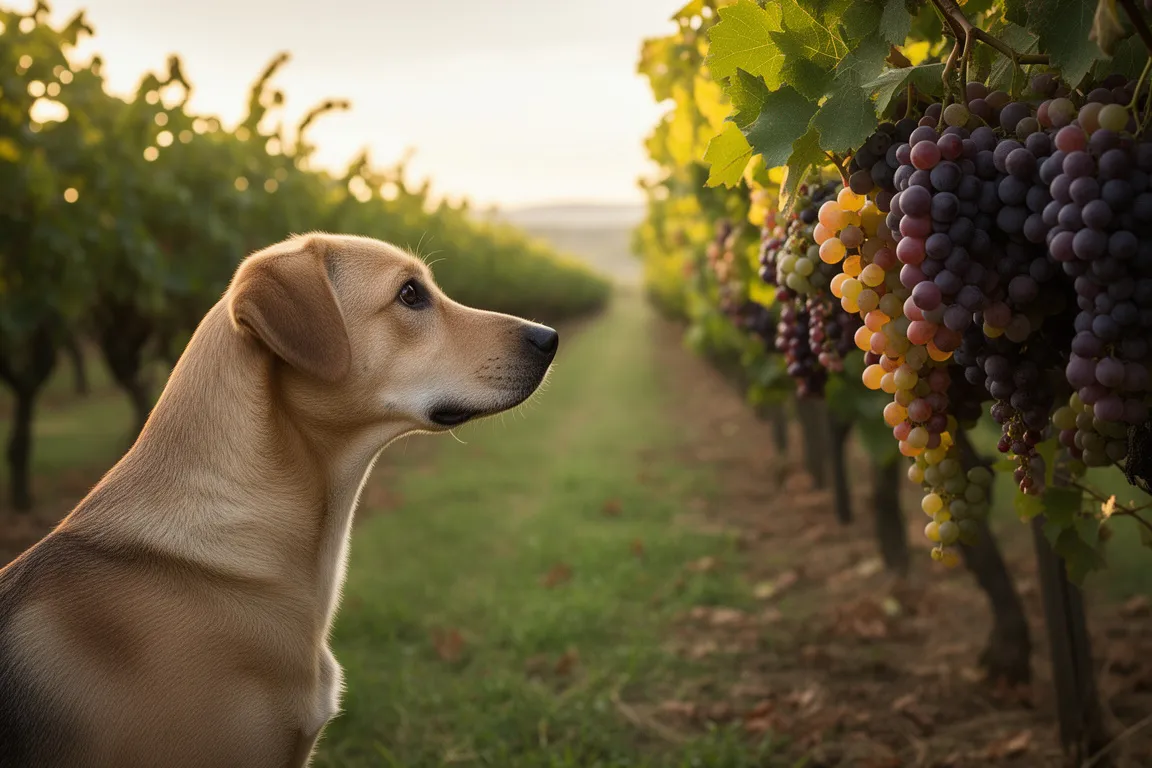 Dog looking at grapes