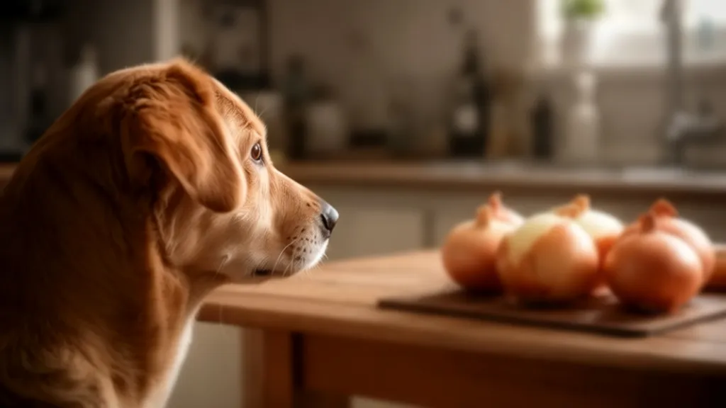 Dog looking at onions