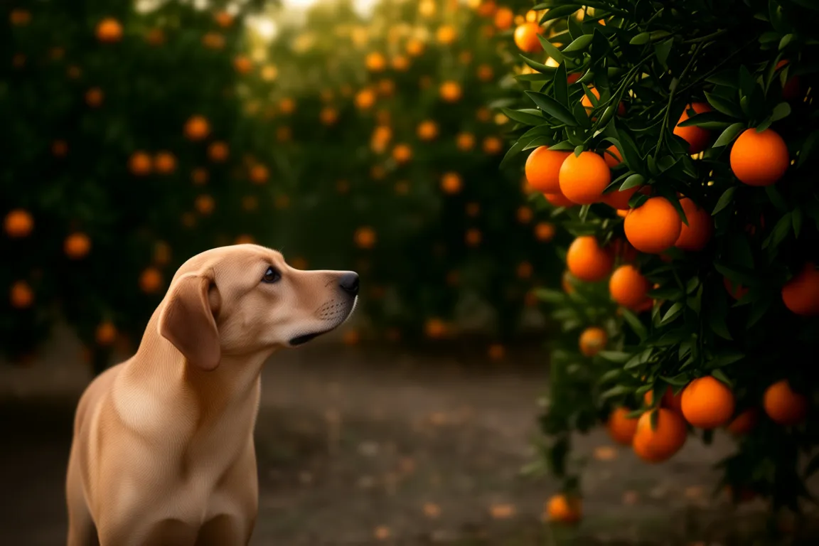 Dog looking at oranges