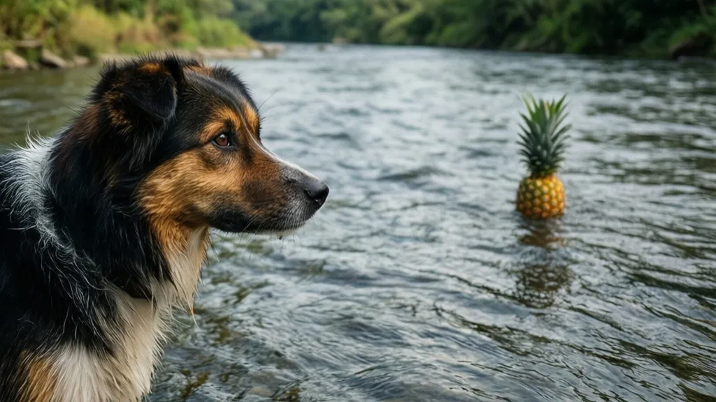 Dog looking at pineapple