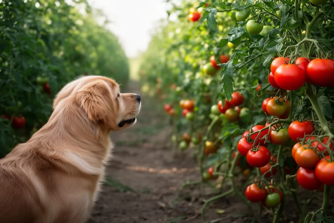 Dog looking at tomatoes