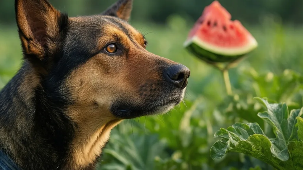 Dog looking at watermelon